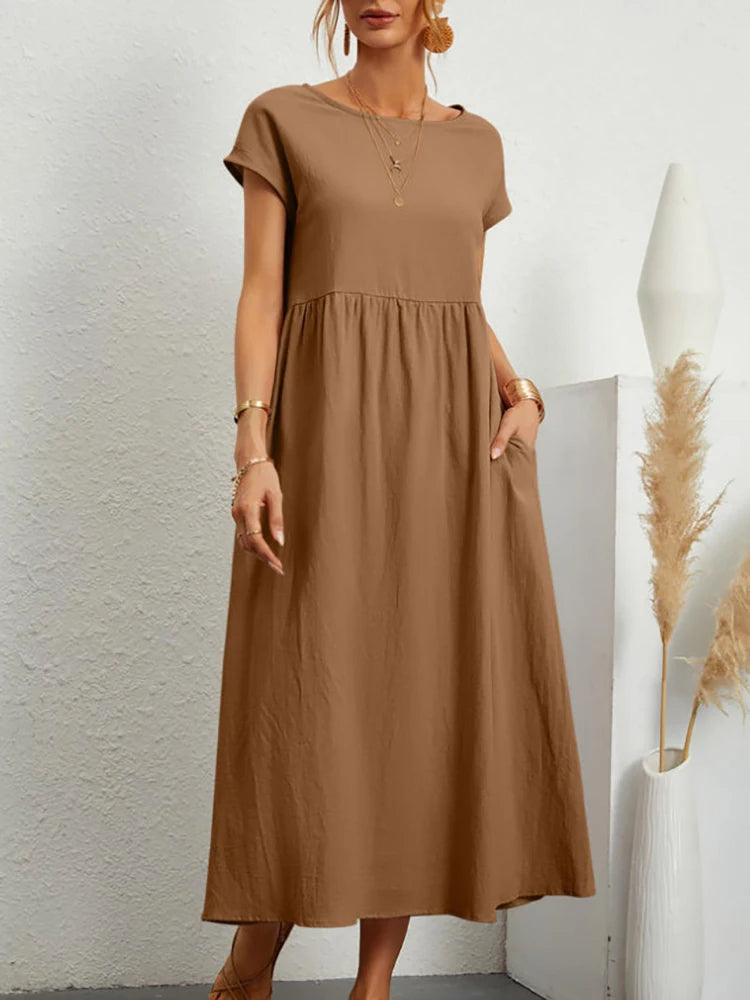 Women Elegant Solid Maxi Dress Summer Short Sleeve O Neck Vintage Harajuku Cotton Linen Loose Sundress Y2K Pockets Long Dress Beauty World Shop
