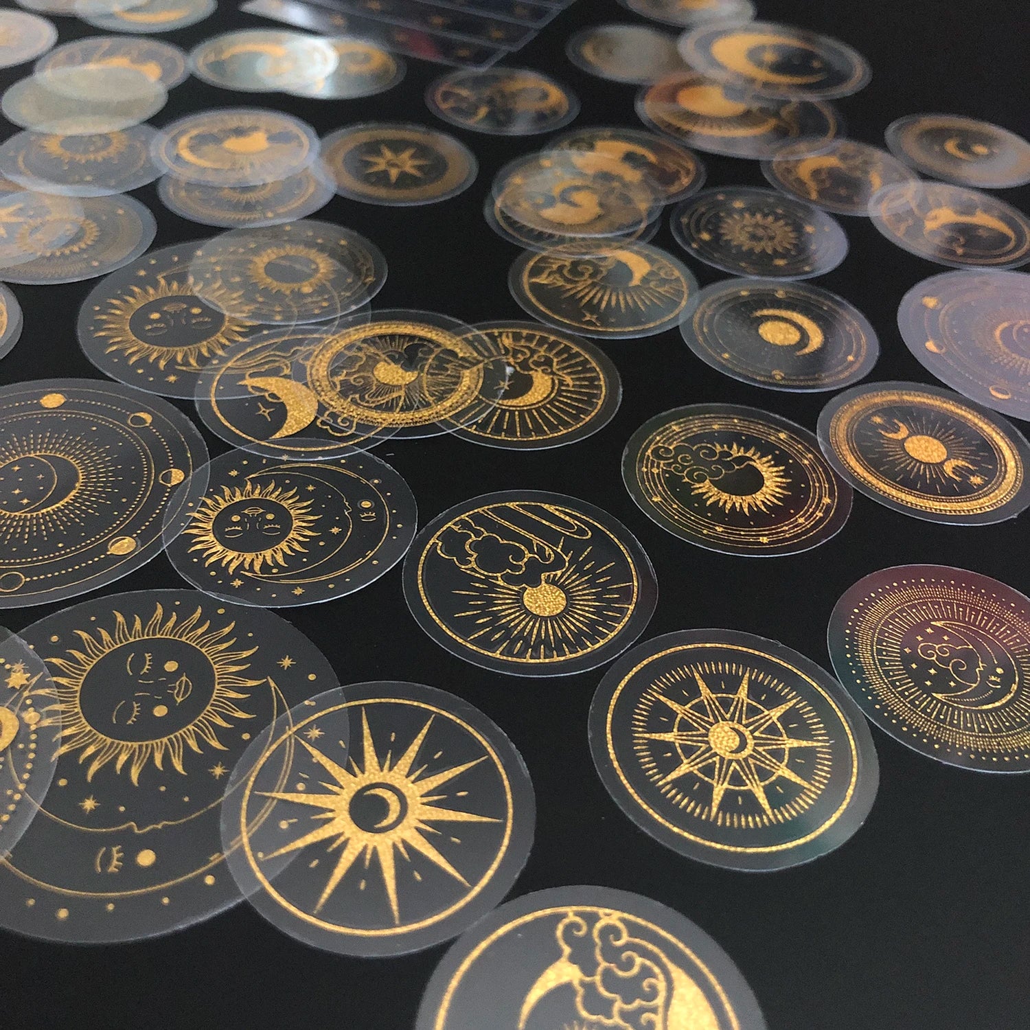 70 pcs Glitter Gold PET Adhesive Stickers Waterproof Transparent Label: SUN MOON Stars Etc Beauty World Shop