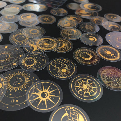 70 pcs Glitter Gold PET Adhesive Stickers Waterproof Transparent Label: SUN MOON Stars Etc Beauty World Shop