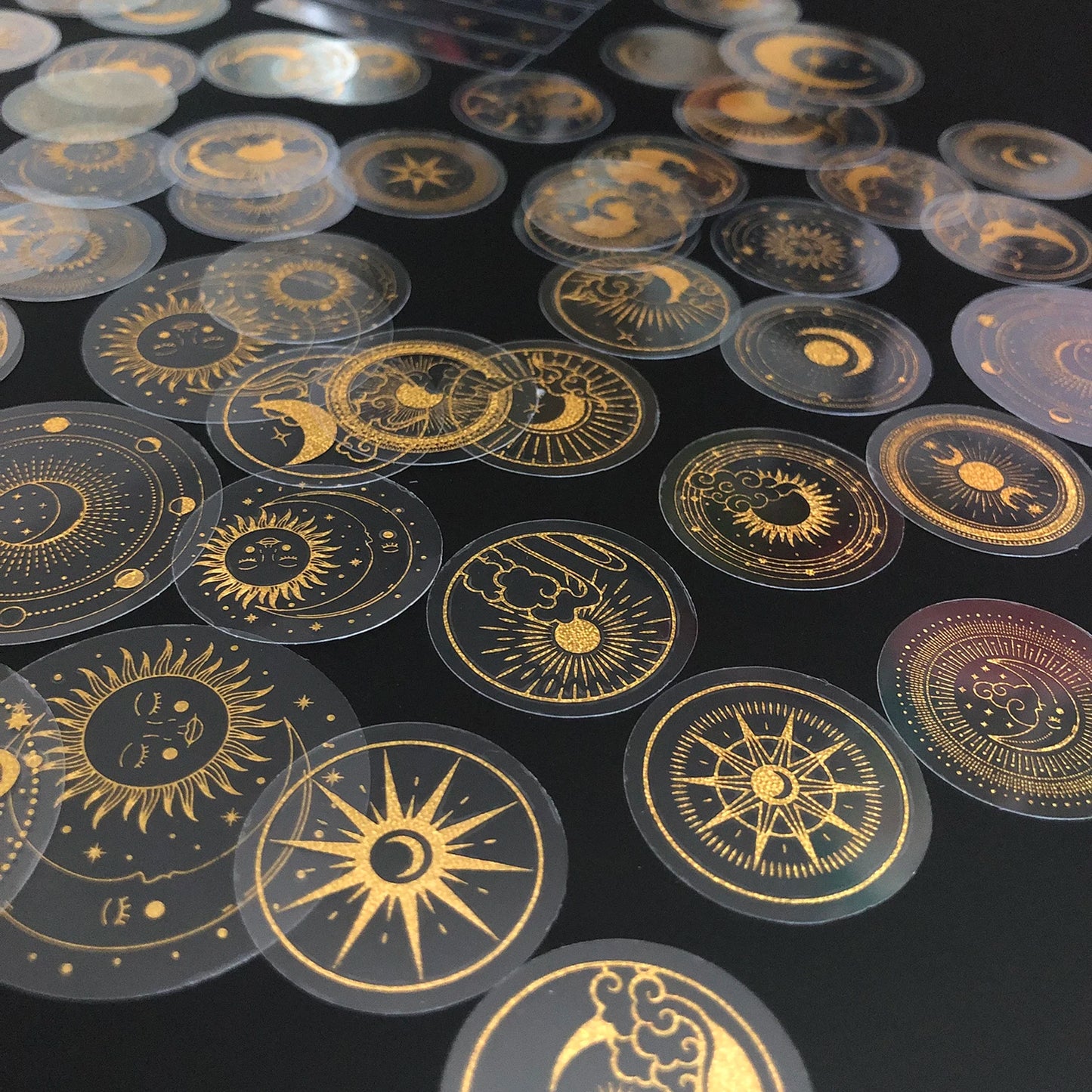 70 pcs Glitter Gold PET Adhesive Stickers Waterproof Transparent Label: SUN MOON Stars Etc Beauty World Shop