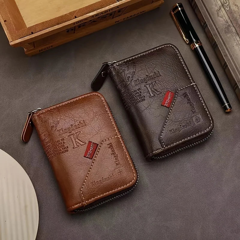 Vintage PU Leather Slim Wallet - Zipper RFID Blocking 11-Slot Card Holder, Retro Style Gift for Men & Women, Classic Design Beauty World Shop