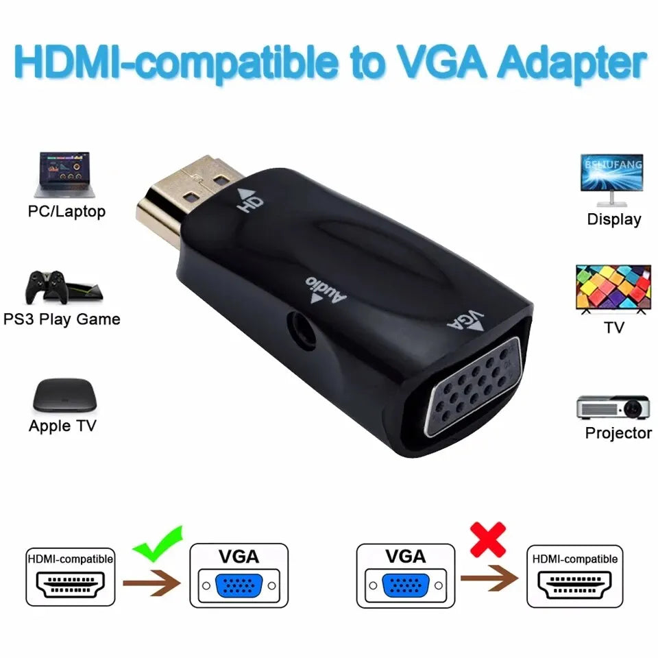 Hdmi Compatible Vga Cable Converter, Male To Female Adapter, 3.5mm Jack, Audio, Hd 1080p For Pc, Laptop, Tablet Beauty World Shop