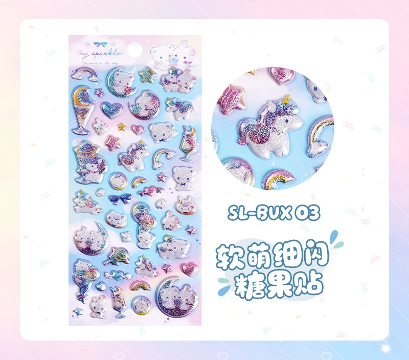 3 pcs/6 pcs Sweet Candy Pets Cat Coffee Cakes Flash Puffy 3D Stickers Scrapbooking Diy Diary Stationery Stickers School Supplies Beauty World Shop