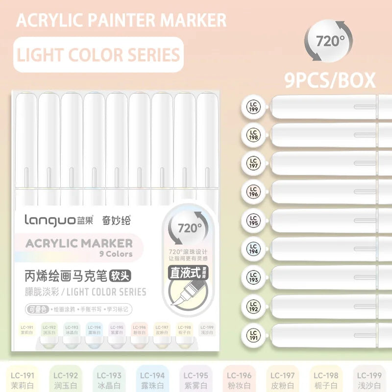 Languo 9pcs/box Soft Brush Acrylic Marker Pen Set，DIY Hand Drawn,Paint Art Markers pens,Student Graffiti Acrylic Paint Pens,M720 Beauty World Shop
