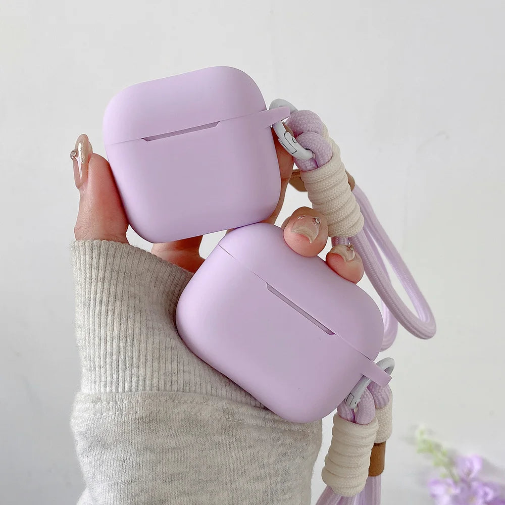 Lavender Purple Matte Silicone Joined Earphone Case for AirPods Pro 2 with Anti Loss Rope for AirPods 1 2 3 4 Soft Funda Cover