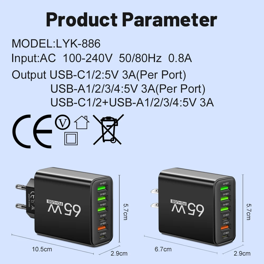 USB Charger 65W Mobile Phone Charger Fast Charging For Xiaomi Samsung Huawei P70 Travel Charger Adaptor For iPhone Quick Charger Beauty World Shop