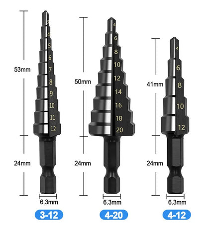 3Pcs HSS Straight Groove Step Drill Bit 3-12mm 4-12mm 4-20mm Nitride Black Hex Wood Metal Hole Cutter Core Drilling Tools Set Beauty World Shop