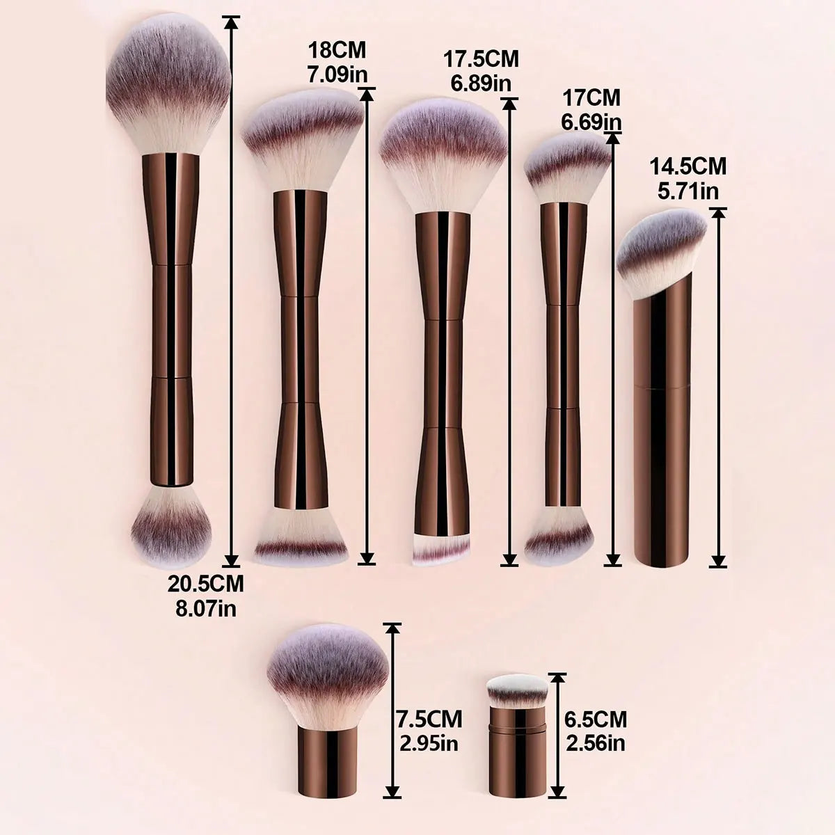 7pcs Professional Makeup Brush Set, Includes: 4pcs Dual-Ended Face Brushes, 1pc Angled Brush, 1pc Short Handle Foundation Brush, Beauty World Shop