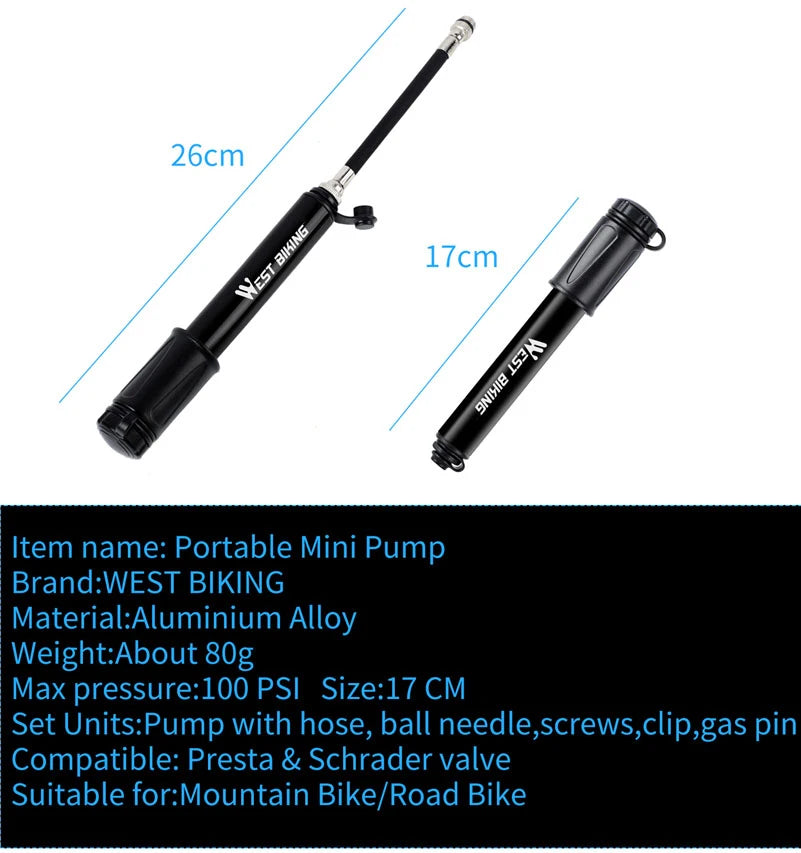 WEST BIKING 100Psi Mini Bike Pump Aluminum Alloy Bicycle Hand Air Pump Tire Inflator Schrader Presta Valve MTB Road Cycling Pump Beauty World Shop