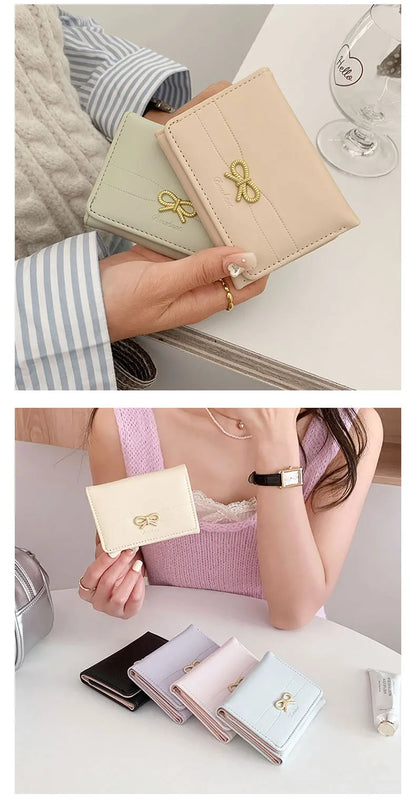 Fashion Wallets Girls Cute Bow Small Wallet Aesthetic Card Holder Classic Three Fold Purse For Women Student Simple Coin Pouch Beauty World Shop