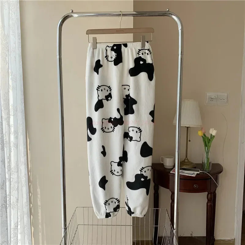 2024 Sanrio Hello Kitty Pajamas Halloween Flannel Fashion Trouserswomen Kawaii Woolen Anime Cartoon Casual Home Pants Autumn Beauty Fashion