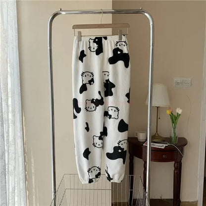 2024 Sanrio Hello Kitty Pajamas Halloween Flannel Fashion Trouserswomen Kawaii Woolen Anime Cartoon Casual Home Pants Autumn Beauty Fashion
