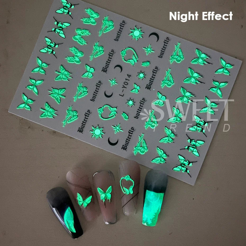 3pcs Luminous Butterfly Nail Decal Stickers Colorful Blue Butterfly Series Design Glow In The Dark Night Polish Sliders Manicure Beauty World Shop