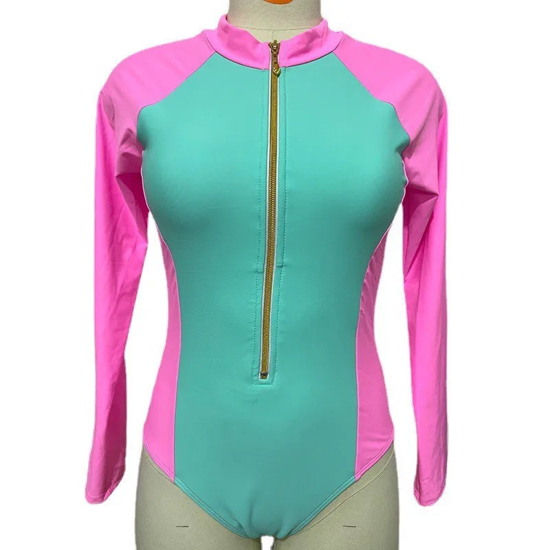 New Patchwork One-Piece Swimsuit Long Sleeve Swimwear Sports Backless Women's Swimming Bathing Suit Beach Wear Bather Surfing Beauty World Shop