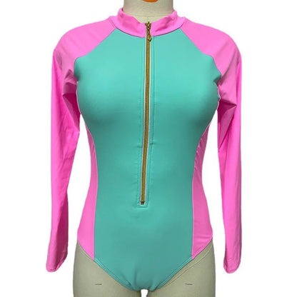 New Patchwork One-Piece Swimsuit Long Sleeve Swimwear Sports Backless Women's Swimming Bathing Suit Beach Wear Bather Surfing Beauty World Shop
