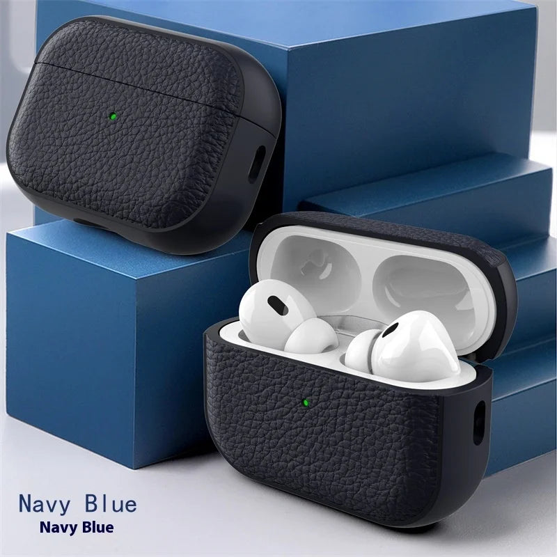 For Airpods Pro3 Case Luxury Lychee Leather Business Earphone Case with Hook Strap Headphone Cover For Apple AirPods 4 3 2 1 Pro
