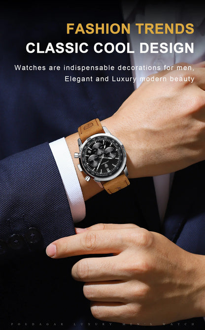 POEDAGAR Top Brand Men's Quartz Watch Waterproof Luminous Chronograph Military Man Watch Luxury Fashion Leather Watches For Men Beauty World Shop
