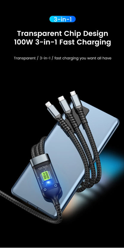 3 In 1 100w Transparent Fast Charging Cable Type C Usb Micro For Huawei OPPO Vivo Samsung Xiaomi Pilot Lamp Charger Usb C 6A Beauty World Shop