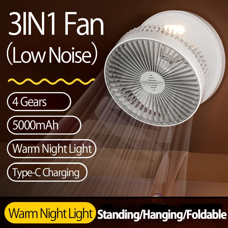 2024 New Rechargeable 3IN1 Multifunctional Portable Fan Wall Mounted Fan 90° Folding Fan 4 Gears With Warm Night Light Beauty World Shop