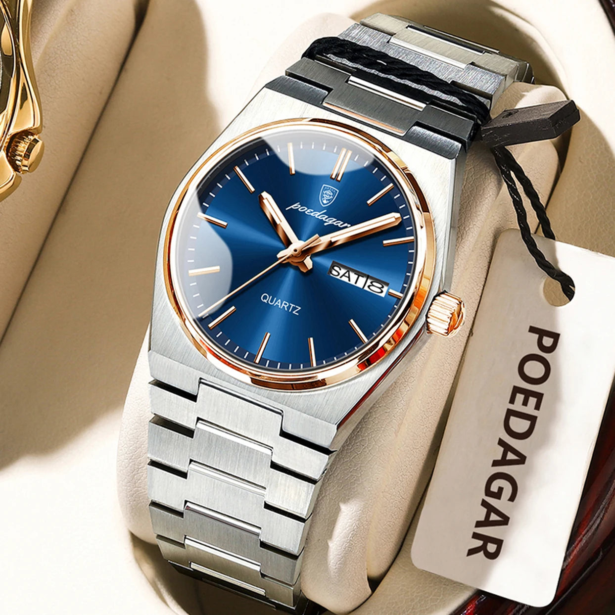 POEDAGAR Elegant Woman's Watch Date Week Waterproof Luminous Ladies Clock Quartz Stainless Steel Fashion Watches For Women Reloj Beauty World Shop