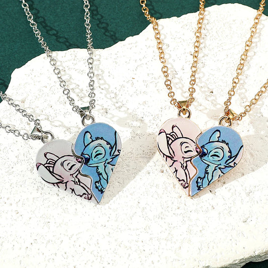Disney-Stitch Heart Necklace for Couple, Gold and Silver Color, Angel and Stitch, Cute Style , Jewelry Pendant, Gift for Girl, 1 Beauty World Shop