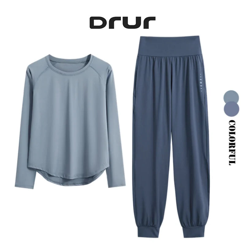 DRUR 2pcs Yoga Set Women Sports Pants Sets 2 Piece Sportswear Outfit Female Long Sleeve Fitness Top High Waist Sweatpants Suits Beauty World Shop