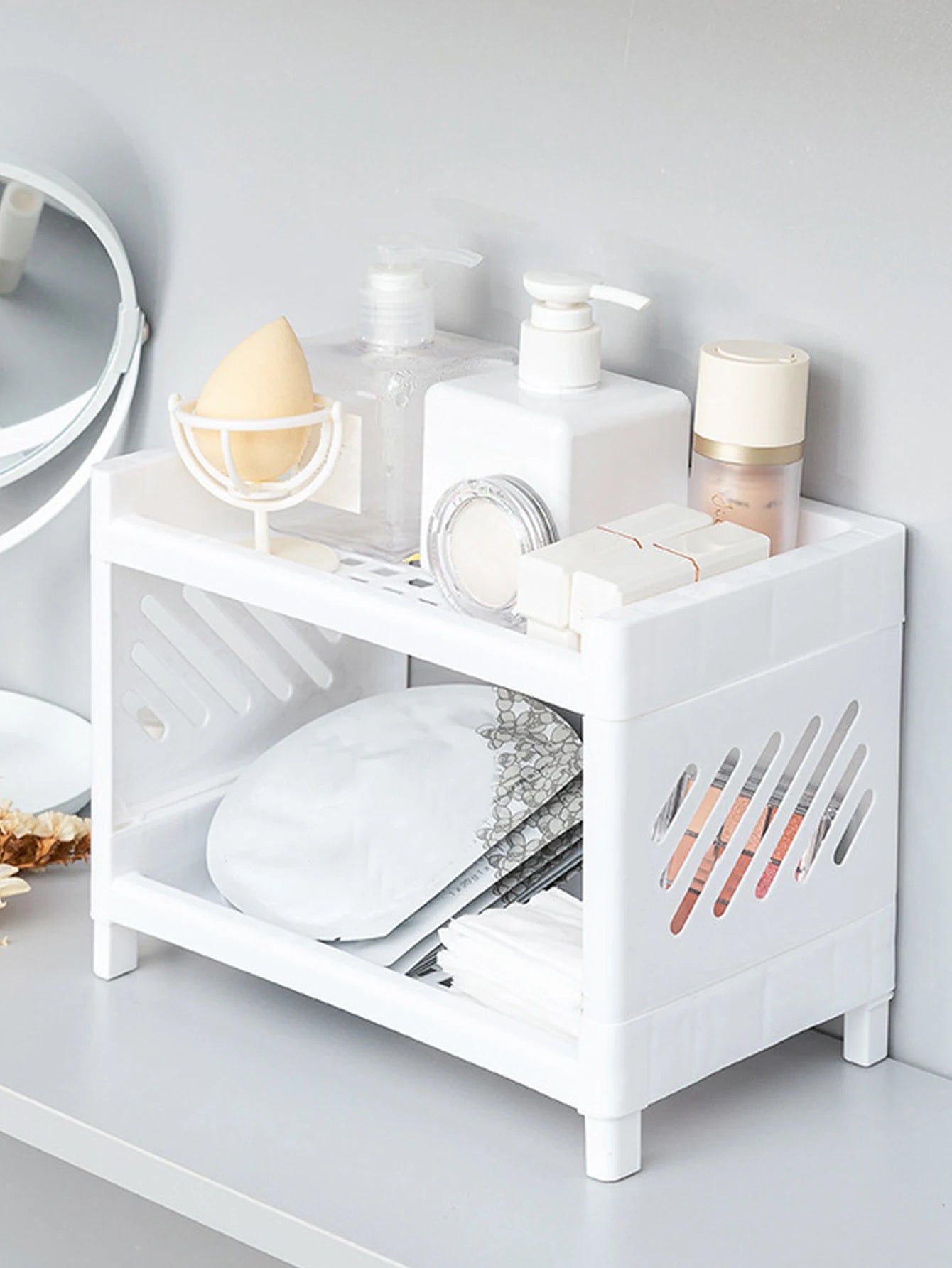 1PC PP Desktop Double Layer Storage Rack Rectangular White Organizing Student Desk Office Cosmetics Stationery Beauty World Shop