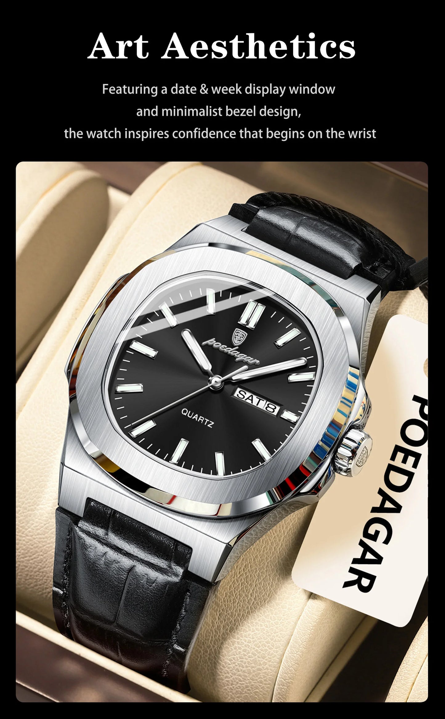 POEDAGAR Square Wristwatch For Men Luminous Waterproof Week Calendar Luxury Man Clock Leather Quartz Fashion Men's Watches Reloj Beauty World Shop