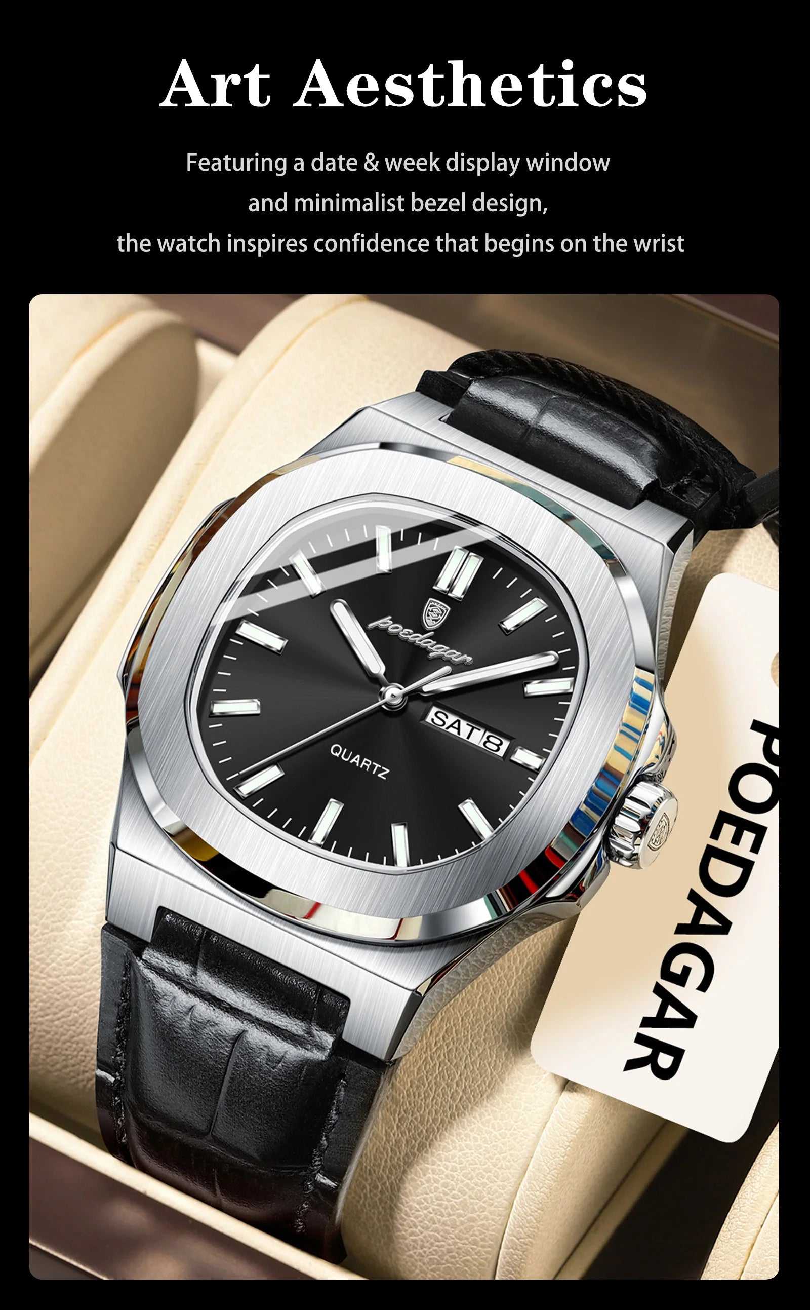 POEDAGAR Square Wristwatch For Men Luminous Waterproof Week Calendar Luxury Man Clock Leather Quartz Fashion Men's Watches Reloj Beauty World Shop