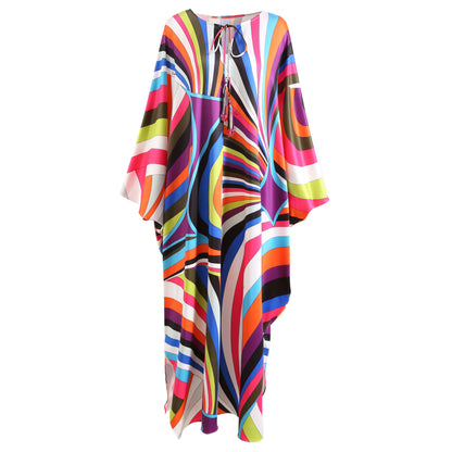 Fashion 2024 Spring Summer New Style Bohemia Casual Dresses O-Neck Batwing Sleeve Striped Printed Irregularity Loose Dress Beauty World Shop
