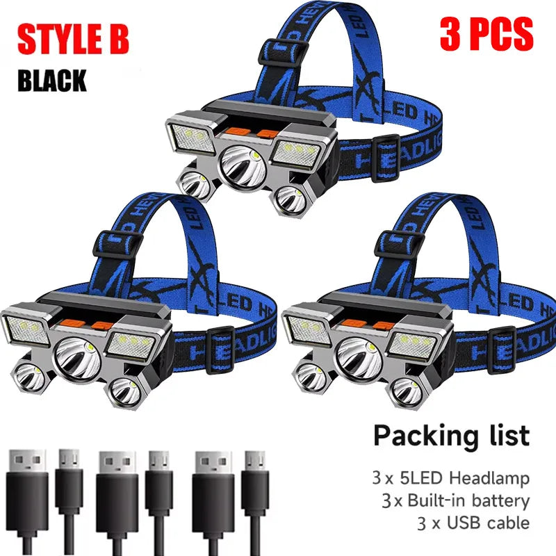 5 LED Flashlight Rechargeable with Built in Lithium Battery Strong Head Light Camping Adventure Fishing Cycling Headlamp Beauty Fashion