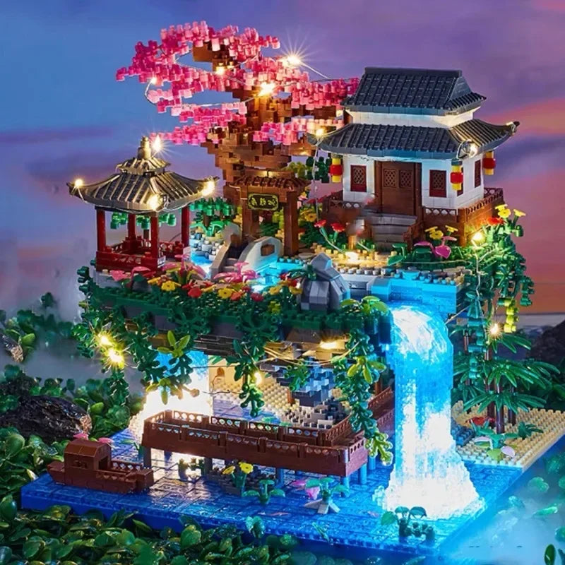 MOC Peach Blossom Pool Cherry Tree House Building Block Chinese Architecture DIY Bricks Cherry Blossom Toy for Kids Adult Gift Beauty World Shop
