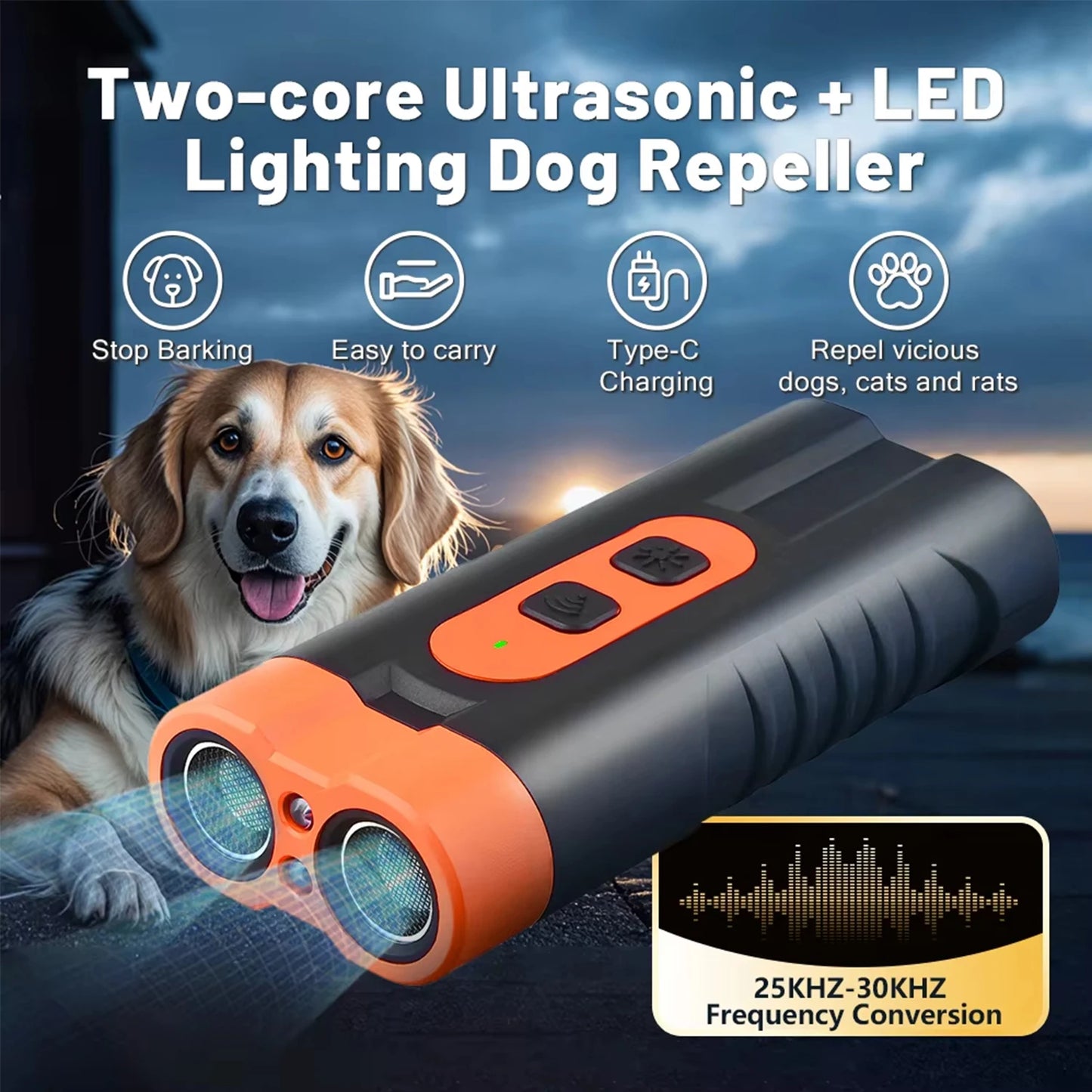 2025 Dual Head Ultrasonic Dog Repeller USB Rechargeable Dog Training Device High-Power Anti Bark Device with LED Flashlight Beauty World Shop