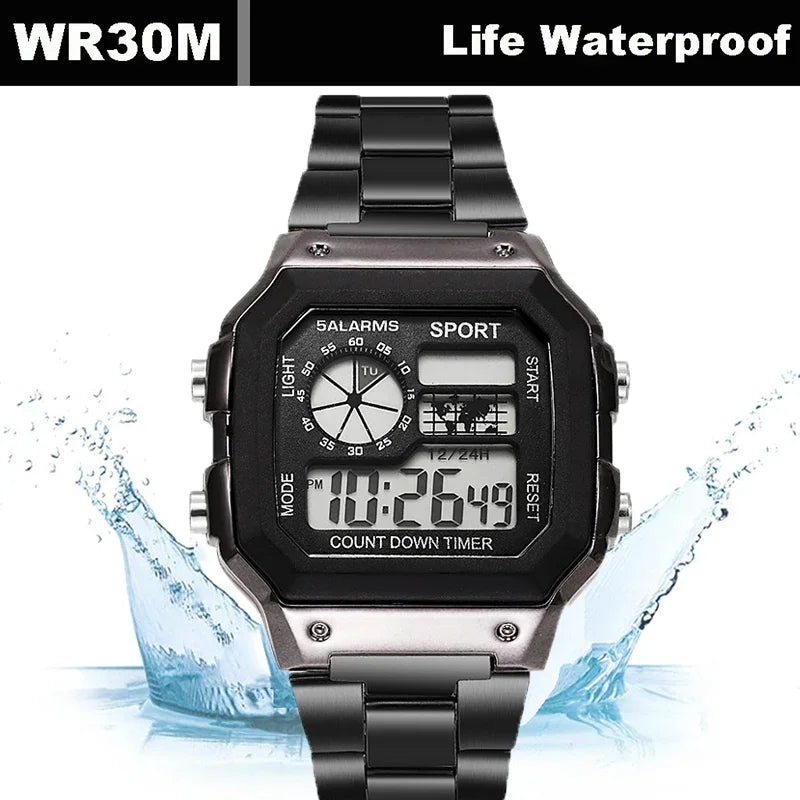 MAYZHISU Classic Men's Digital Watches Luxury Stainless Steel Strap Sport Watches Men Military Clock LED Sport Wristwatch Beauty World Shop