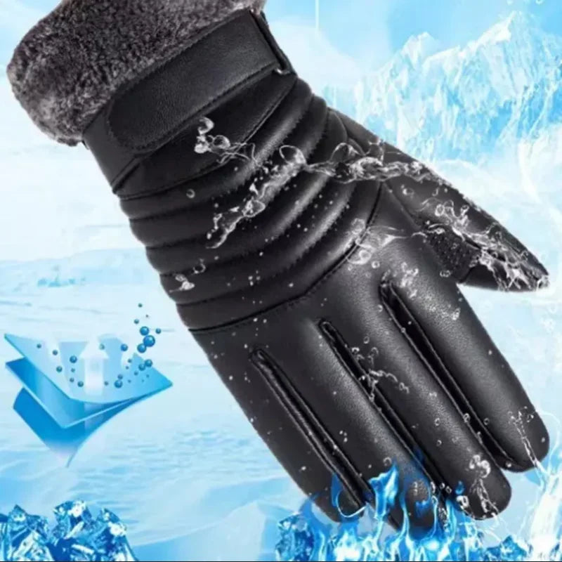 Gloves Winter MEN'S Fur Mouth Plush Insulation Gloves Outdoor Cycling Motorcycle PU Touch Screen Cotton Gloves Beauty World Shop