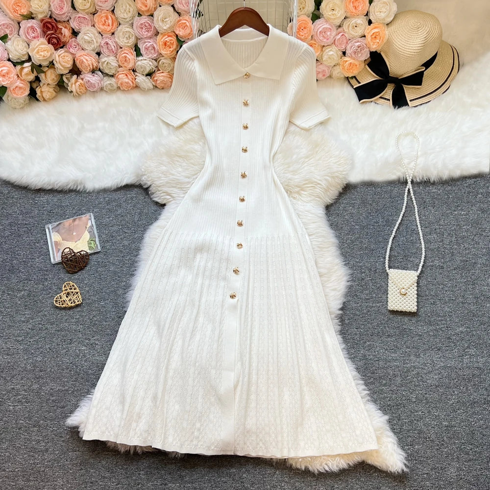 YuooMuoo Brand Fashion Vintage Turn-down Collar Knit Maxi Dress Elegant Single-breasted A-line Long Shirt Dress Lady Vestidos Beauty World Shop