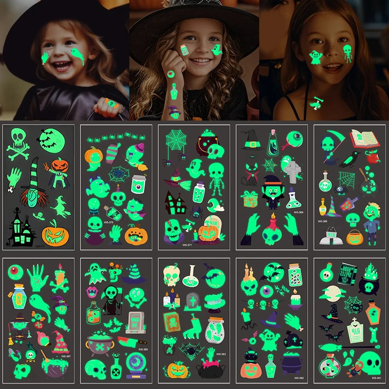 10Sheets Halloween Luminous Tattoo Stickers Ghost Pumpkin Kids Adults Halloween Party Decoration Glow In The Dark Supplies Gifts Beauty World Shop