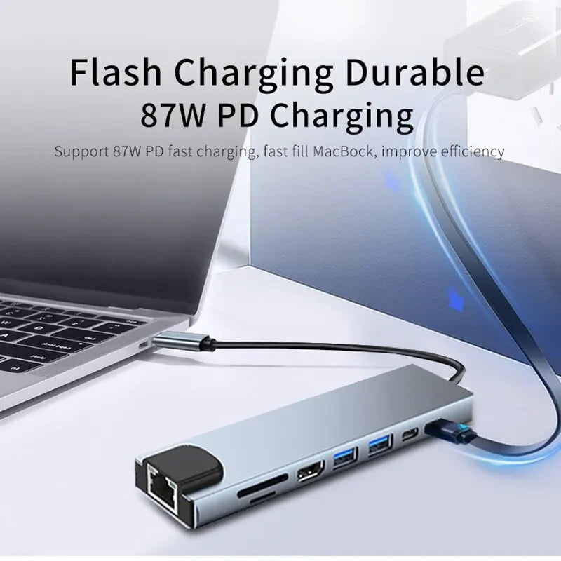 Usb 8 In 1 Type C 3 1 To 4k HdTV Hub Adapter With Sd Tf Rj45 Card Reader Pd Fast Charge For Macbook Notebook Computer Beauty World Shop