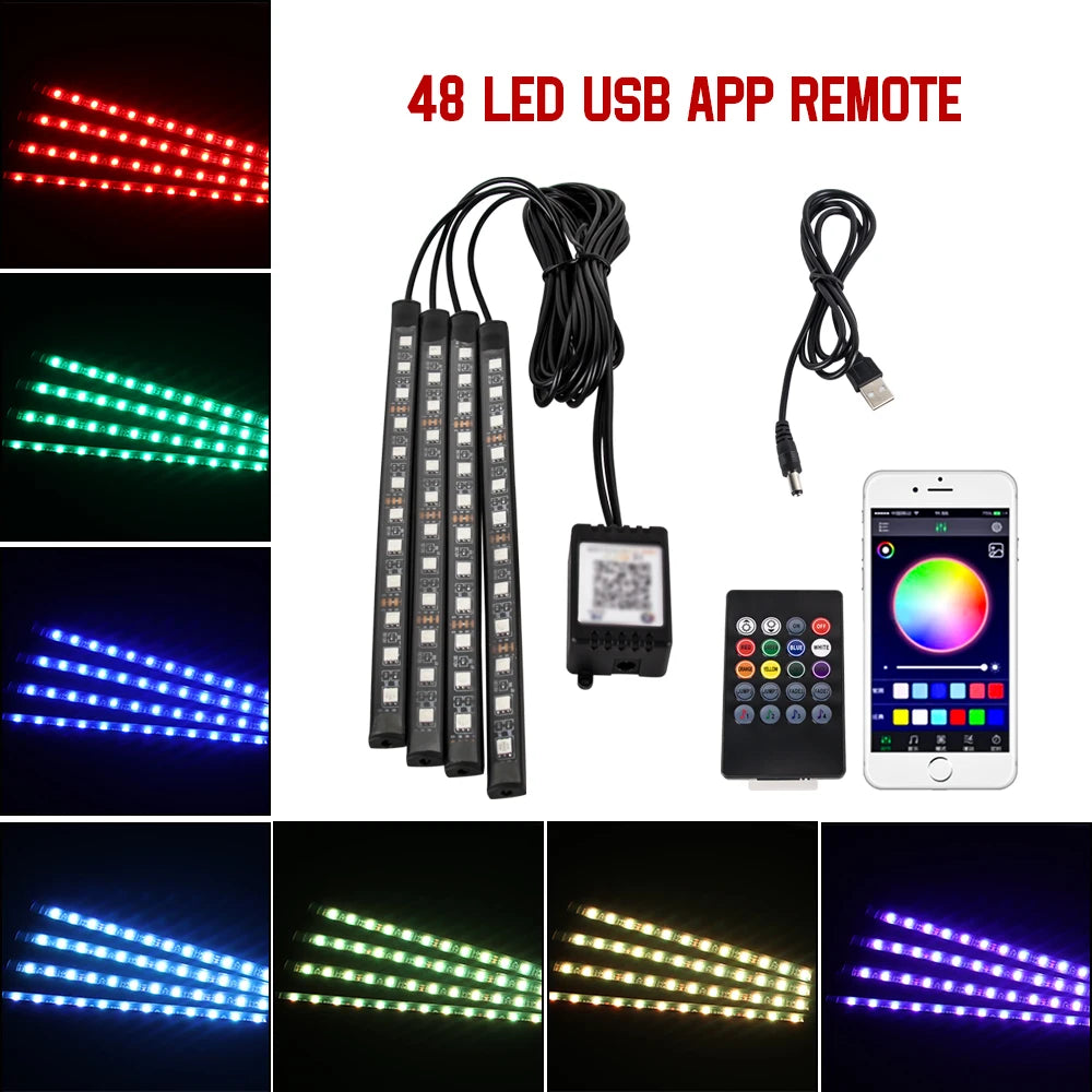 Neon 36 48 72 LED Car Interior Ambient Foot Light Wireless Remote Music APP Control Auto RGB Atmosphere Decorative Lamp Beauty World Shop