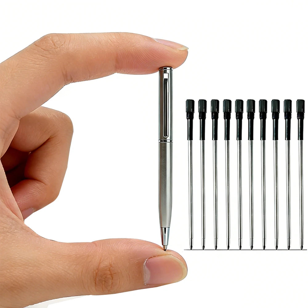 Mini Stainless Steel Metal Ballpoint Pen with 10 Replacement Refills Set, Portable Pocket Ballpen Compact Short Pen for Wallet Beauty World Shop