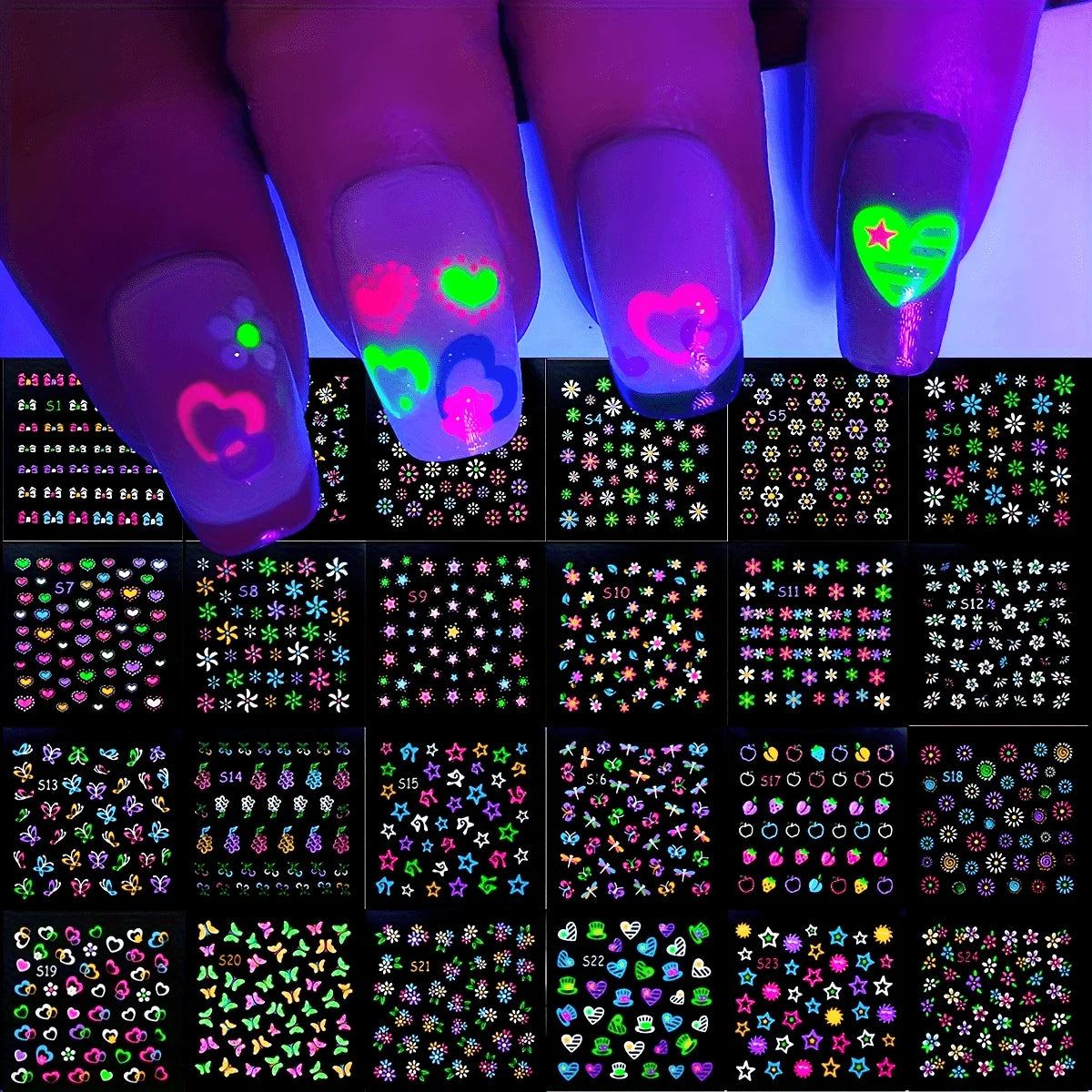 30 Sheets 3D Glow in The Dark Neon Nail Stickers - Glittery Glossy Self-Adhesive Nail Art Decorations with Butterfly, Love Heart Beauty World Shop