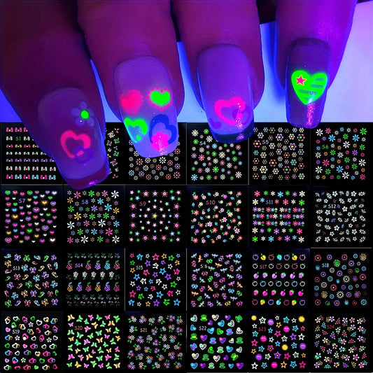 30 Sheets 3D Glow in The Dark Neon Nail Stickers - Glittery Glossy Self-Adhesive Nail Art Decorations with Butterfly, Love Heart Beauty World Shop