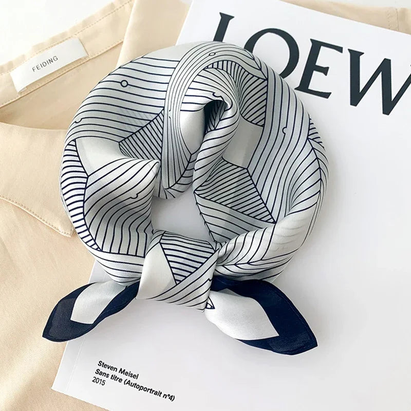 68cm Striped Geometric Pattern Silk Scarf for Women Imitation Silk Fresh and Versatile Headwear Clothing Square Scarf Beauty World Shop