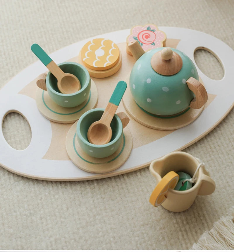 Kids Wooden Tea Set Play House Pretend Make Tea Play With Teapot Teacup Afternoon Snack Role Playing Toys Boys Girls Gift Beauty World Shop