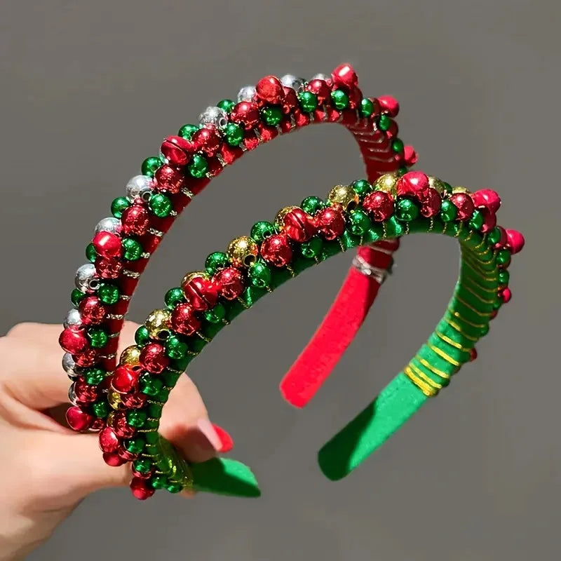 Festive Christmas Headband with Red & Green Beads, Golden Accents & Bell Charms - Hand-Wrapped Polyester Party Accessor Beauty World Shop