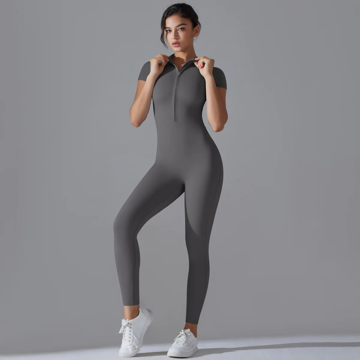 Naked zipper short sleeved yoga suit jumpsuit, quick drying breathable outdoor sports tight fitting jumpsuit, fitness suit Beauty World Shop