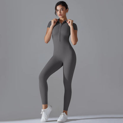 Naked zipper short sleeved yoga suit jumpsuit, quick drying breathable outdoor sports tight fitting jumpsuit, fitness suit Beauty World Shop