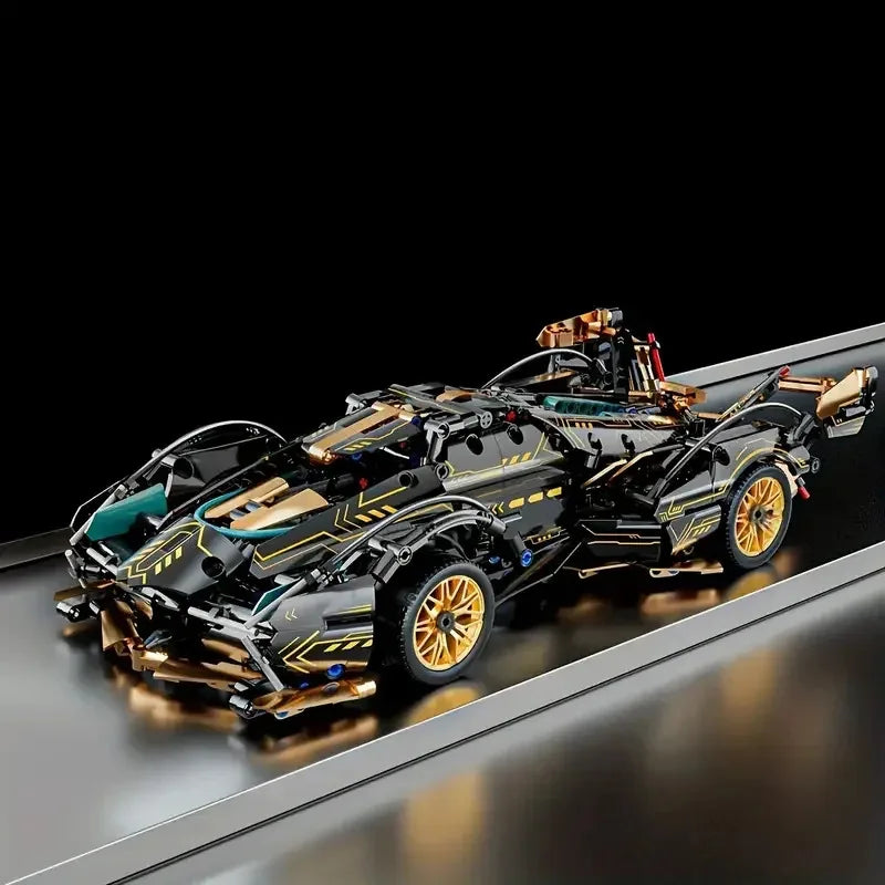 2026 Hot Building Block Racing Car V12 Building Block Car Black and Gold Accessories Fine Desktop Wooden Model Car Birthday Gift Beauty World Shop