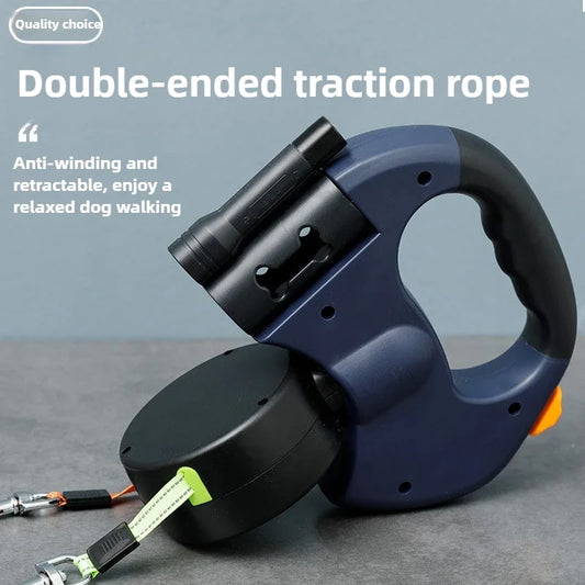 Automatic Retractable Two-End Pet Leash Dog Leash With Flashlight One Tow Two Easy To Walk Your Dog