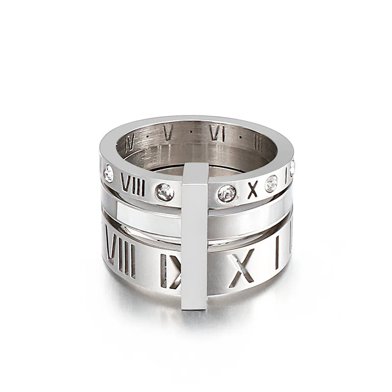 Three Layers Roman Numerals Ring for Women Luxury Stainless Steel Rotatable Crystal Finger Rings Female Wedding Trendy Jewelry Beauty World Shop